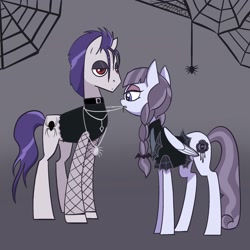 Size: 2048x2048 | Tagged: safe, artist:pfeffaroo, funnel web, inky rose, earth pony, pegasus, pony, spider, g4, braid, clothes, duo, female, folded wings, goth, gray background, halloween, high res, holiday, jewelry, lidded eyes, male, mare, mouth hold, necklace, netting, nightmare night, simple background, spider web, stallion, standing, wings