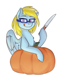 Size: 1107x1437 | Tagged: safe, artist:haruhi-il, oc, oc only, oc:cloud cuddler, pegasus, pony, accessory, commission, female, glasses, halloween, holiday, knife, nightmare night, pegasus oc, pumpkin, pumpkin carving, solo, tongue out, ych result