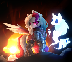 Size: 4000x3466 | Tagged: oc name needed, safe, artist:dipfanken, oc, oc only, pegasus, pony, armor, cave, eye clipping through hair, high res, looking at you, pegasus oc, raised hoof, smiling, smiling at you, spirit, spread wings, wings