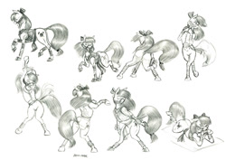 Size: 1500x1061 | Tagged: safe, artist:baron engel, apple bloom, earth pony, pony, g4, belly dance, belly dancer outfit, bridle, butt, female, filly, monochrome, pencil drawing, plot, solo, tack, traditional art