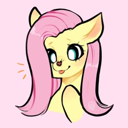 Size: 2048x2048 | Tagged: safe, artist:cozygh0st, fluttershy, insect, ladybug, pony, g4, :p, colored pinnae, cute, female, high res, insect on nose, looking at something, mare, pink background, shyabetes, simple background, solo, tongue out