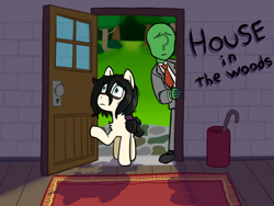 Size: 640x480 | Tagged: safe, artist:scraggleman, oc, oc only, oc:anon, oc:floor bored, earth pony, human, pony, clothes, description is relevant, door, doorway, duo, female, game, human male, male, mare, necktie, rpg maker, suit, title screen, tree, umbrella