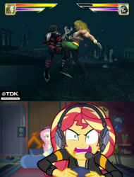 Size: 700x919 | Tagged: safe, edit, edited screencap, screencap, fluttershy, sunset shimmer, equestria girls, g4, game stream, my little pony equestria girls: better together, angry, aquaman, aquaman: battle for atlantis, gamer sunset