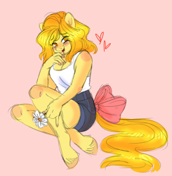 Size: 540x551 | Tagged: safe, artist:ask-butterscotch, artist:robiinart, oc, oc only, oc:butterscotch (robiinart), earth pony, anthro, unguligrade anthro, blushing, bow, female, flower, heart, looking at you, mare, smiling, solo, tail bow