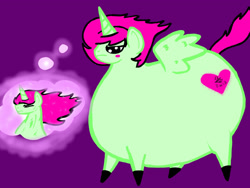 Size: 2048x1536 | Tagged: safe, artist:artmama113, oc, oc only, alicorn, pony, alicorn oc, colored hooves, fat, horn, male, obese, pointy legs, purple background, simple background, solo, stallion, thought bubble, wings