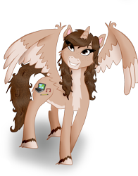 Size: 1130x1444 | Tagged: safe, artist:twin-fan, oc, oc only, alicorn, pony, alicorn oc, ear piercing, female, grin, horn, mare, piercing, simple background, smiling, solo, transparent background, two toned wings, unshorn fetlocks, wings