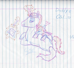 Size: 1292x1181 | Tagged: safe, artist:twin-fan, oc, oc only, alicorn, pony, unicorn, alicorn oc, book, ear piercing, father and child, father and daughter, female, filly, glowing horn, grin, horn, lineart, lined paper, magic, male, onomatopoeia, piercing, sleeping, smiling, solo, sound effects, stallion, telekinesis, traditional art, unicorn oc, wings, zzz
