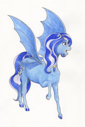 Size: 1984x2948 | Tagged: safe, artist:lady-limule, oc, oc only, oc:crescendo, bat pony, pony, bat pony oc, bat wings, colored hooves, female, mare, open mouth, raised hoof, solo, traditional art, wings