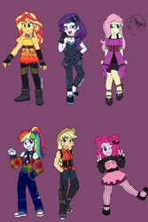 Size: 900x1347 | Tagged: safe, artist:fallenangel5414, applejack, fluttershy, pinkie pie, rainbow dash, rarity, sunset shimmer, equestria girls, g4, my little pony equestria girls: better together, the other side, converse, humane five, peace sign, purple background, shoes, simple background