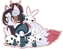 Size: 4144x3264 | Tagged: safe, artist:elberas, oc, oc only, oc:yuki cheri, earth pony, kitsune, pony, rabbit, animal, clothes, cute, female, flower, flower in hair, hairpin, mare, markings, simple background, socks, solo, transparent background, yukata