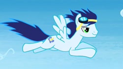 Size: 1280x720 | Tagged: safe, screencap, soarin', pegasus, pony, g4, rainbow falls, flying, goggles, lidded eyes, male, smiling, solo, spread wings, stallion, wings