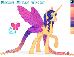 Size: 1024x790 | Tagged: safe, artist:kabuvee, oc, oc only, oc:motley winglet, alicorn, pony, braid, braided tail, female, insect wings, mare, reference sheet, simple background, solo, transparent background, wings