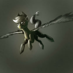Size: 3000x3000 | Tagged: safe, artist:akurion, applejack, pegasus, pony, fanfic:the archetypist, g4, applejack's hat, cowboy hat, dark, fanfic, fanfic art, female, flapplejack, flying, gradient background, gray background, grayscale, hat, high res, mare, monochrome, race swap, simple background, solo, stetson, wings