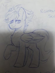 Size: 720x960 | Tagged: safe, artist:silentwolf-oficial, oc, oc only, oc:storm cloud, pegasus, pony, grayscale, lineart, male, monochrome, next generation, offspring, parent:rainbow dash, parent:soarin', parents:soarindash, pegasus oc, raised hoof, solo, stallion, traditional art, wings