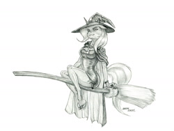 Size: 1400x1052 | Tagged: safe, artist:baron engel, trixie, unicorn, anthro, unguligrade anthro, g4, broom, clothes, colored hooves, female, flying, flying broomstick, grayscale, halloween, hat, holiday, monochrome, pencil drawing, simple background, solo, traditional art, white background, witch, witch hat