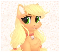 Size: 1200x1033 | Tagged: safe, artist:vird-gi, applejack, earth pony, pony, g4, bell, bell collar, cat bell, cheek fluff, chest fluff, collar, colored pinnae, cute, ear fluff, female, hatless, jackabetes, leg fluff, looking at you, mare, missing accessory, open mouth, solo
