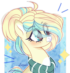 Size: 1310x1354 | Tagged: safe, artist:mint-light, oc, oc only, earth pony, pony, bust, clothes, commission, earth pony oc, eye clipping through hair, eyelashes, scarf, signature, simple background, solo, transparent background, ych result