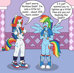 Size: 1024x1012 | Tagged: safe, artist:gameboysage, rainbow dash, rarity, anthro, plantigrade anthro, equestria girls, g4, 20% cooler, bottomless, clothes, converse, equestria girls outfit, featureless crotch, finger gun, grammar error, grin, hypnosis, hypnotized, multicolored hair, partial nudity, personality change, rainbow hair, shoes, smiling, swirly eyes, tomboy, tomboy rarity