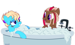 Size: 3096x1855 | Tagged: safe, alternate version, artist:al-lat, oc, oc only, oc:june blaze, oc:machiko, earth pony, pegasus, pony, bath, bathtub, bedroom eyes, bubble, commission, eye scar, eyebrow piercing, female, grin, lesbian, looking at each other, oc x oc, open mouth, piercing, scar, shipping, simple background, smiling, soap bubble, transparent background, water, ych result