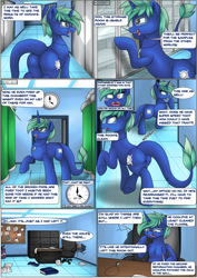 Size: 2893x4092 | Tagged: safe, artist:novaspark, oc, oc only, oc:nova spark, monster pony, original species, tatzlpony, comic:working for a mad mare, book, butt, clock, comic, dialogue, ear fluff, female, floppy ears, frog (hoof), glasses, high res, hooves, horn, indoors, narrowed eyes, onomatopoeia, open mouth, open smile, paper, plot, raised hoof, raised leg, shading, shadow, shrunken pupils, signature, smiling, solo, speech bubble, standing, tail, underhoof, walking