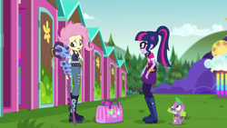 Size: 1920x1080 | Tagged: safe, screencap, fluttershy, sci-twi, spike, spike the regular dog, twilight sparkle, dog, equestria girls, g4, my little pony equestria girls: better together, the road less scheduled, the road less scheduled: fluttershy, alternate hairstyle, boots, clothes, crystal skull staff, eyeshadow, flutterpunk, lipstick, makeup, pants, port-a-potty, ripped pants, shoes, sleeveless, staff, tank top, torn clothes
