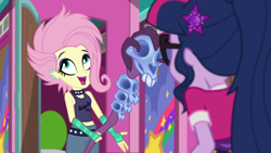 Size: 1920x1080 | Tagged: safe, screencap, fluttershy, sci-twi, twilight sparkle, equestria girls, g4, my little pony equestria girls: better together, the road less scheduled, the road less scheduled: fluttershy, alternate hairstyle, choker, clothes, crystal skull staff, cute, duo, eyeshadow, fingerless gloves, flutterpunk, gloves, lipstick, makeup, shyabetes, sleeveless, studded choker, tank top