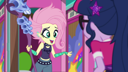 Size: 1920x1080 | Tagged: safe, screencap, fluttershy, sci-twi, twilight sparkle, equestria girls, equestria girls series, g4, the road less scheduled, the road less scheduled: fluttershy, spoiler:eqg series (season 2), alternate hairstyle, choker, clothes, crystal skull staff, cute, duo, eyeshadow, fingerless gloves, flutterpunk, gloves, lipstick, makeup, purple lipstick, shyabetes, staff, striped gloves, studded belt, studded choker, tank top