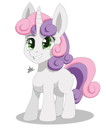 Size: 1000x1200 | Tagged: safe, artist:zachc, sweetie belle, pony, unicorn, g4, blank flank, female, filly, horn, simple background, smiling, solo, white background