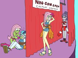 Size: 1510x1130 | Tagged: safe, artist:bugssonicx, fluttershy, maud pie, pinkie pie, sonata dusk, human, equestria girls, g4, armpits, bondage, brightly colored ninjas, chloroform, clothes, cosplay, costume, crossed arms, curtains, disguise, female, grin, kimono minidress, kunoichi, mai shiranui, nami, ninja, one piece, rope, sandals, smiling, stage, tied up, wig