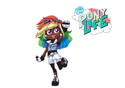 Size: 2039x1447 | Tagged: safe, artist:theladysknight, rainbow dash, human, g4.5, my little pony: pony life, alternate hairstyle, belt, clothes, dark skin, ear piercing, earring, female, gloves, goggles, hoodie, humanized, jewelry, leggings, open mouth, piercing, shirt, shoes, shorts, simple background, sleeveless, sneakers, socks, solo, t-shirt, transparent background