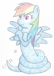 Size: 2000x2822 | Tagged: safe, artist:goldenflow, rainbow dash, lamia, original species, pegasus, pony, snake, g4, coils, colored pencil drawing, crossed arms, cute, dashabetes, female, high res, lamiafied, nose wrinkle, rainbow coils, scales, scrunchy face, simple background, snake tail, solo, species swap, spread wings, tail wag, traditional art, white background, wings