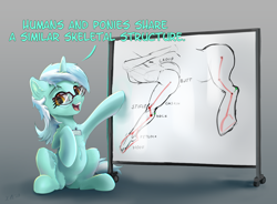 Size: 3484x2560 | Tagged: safe, artist:xbi, lyra heartstrings, pony, unicorn, g4, anatomically incorrect, anatomy, anthropology-with-lyra, armpits, bad anatomy, comic, critical research failure, cute, dialogue, female, glasses, gradient background, high res, incorrect leg anatomy, leg, looking at you, lyrabetes, mare, pointing, silly, silly lyra, sitting, solo, talking, talking to viewer, whiteboard