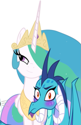 Size: 381x586 | Tagged: safe, princess celestia, princess ember, alicorn, dragon, pony, g4, blushing, dragoness, emberlestia, female, lesbian, shipping, smug