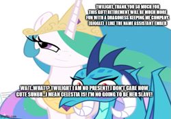 Size: 599x417 | Tagged: safe, princess celestia, princess ember, alicorn, dragon, pony, g4, blushing, dragoness, emberlestia, female, imgflip, implied sex slave, implied slave, lesbian, shipping, smiling, smirk, smug, wrong aspect ratio