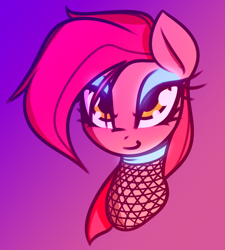 Size: 1272x1416 | Tagged: safe, artist:jetwave, oc, oc only, oc:dala vault, earth pony, pony, bust, clothes, earth pony oc, eyeshadow, female, fishnet clothing, fishnet stockings, glowing makeup, gradient background, makeup, mare, portrait, smug, solo