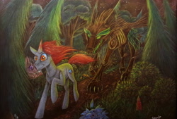 Size: 4392x2974 | Tagged: safe, artist:cahandariella, oc, oc:obsidian, earth pony, pony, timber wolf, unicorn, colored pencil drawing, everfree forest, fanfic art, forest, parent:discord, parent:king sombra, traditional art