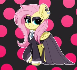 Size: 4096x3755 | Tagged: safe, artist:kittyrosie, fluttershy, pegasus, pony, g4, abstract background, clothes, cute, digital art, dress, ear piercing, earring, eyeshadow, female, fluttergoth, jewelry, lidded eyes, makeup, mare, piercing, raised hoof, shyabetes, smiling, solo