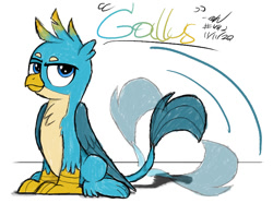 Size: 760x600 | Tagged: safe, artist:johnerose126, gallus, griffon, g4, behaving like a cat, catbird, griffons doing cat things, male, sitting, smiling, solo, tail wag