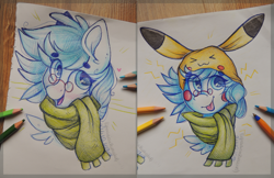 Size: 3045x1970 | Tagged: safe, artist:canadianpancake1, oc, oc only, oc:alicja, pikachu, pony, :p, beanie, bust, clothes, cute, glasses, hat, ocbetes, pencil, pokémon, scarf, solo, tongue out, traditional art