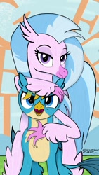 Size: 900x1600 | Tagged: safe, artist:johnerose126, gallus, silverstream, griffon, hippogriff, g4, duo, female, lidded eyes, male, older, older silverstream, ship:gallstream, shipping, smiling, straight