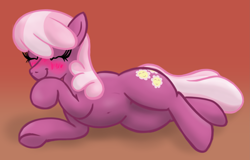 Size: 3237x2070 | Tagged: safe, artist:eels, cheerilee, earth pony, pony, g4, belly button, blushing, cheeribetes, cute, eyes closed, female, gradient background, high res, lying down, mare, smiling, solo