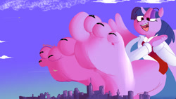 Size: 1280x723 | Tagged: safe, artist:steeromunch, twilight sparkle, alicorn, anthro, plantigrade anthro, g4, 4 toes, aircraft, barefoot, big feet, city, cityscape, clasped hands, cloud, commission, delighted, feet, female, fetish, foot fetish, foot focus, giant anthro, giantess, looking down, macro, nail polish, necktie, simple background, smiling, spread wings, toenail polish, toenails, toes, twilight sparkle (alicorn), wings