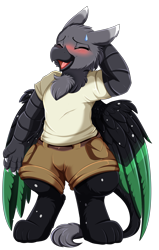 Size: 2550x4009 | Tagged: safe, artist:pridark, oc, oc only, griffon, anthro, anthro oc, blushing, clothes, colored wings, commission, cute, embarrassed, eyes closed, griffon oc, high res, male, multicolored wings, ocbetes, open mouth, open smile, shorts, simple background, smiling, solo, sweat, sweatdrop, transparent background, wings