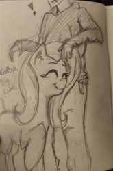 Size: 2176x3305 | Tagged: source needed, useless source url, safe, artist:owlnon, fluttershy, oc, oc:anon, human, pony, g4, anonymous, doomer, eyes closed, high res, nuzzling, smiling, traditional art