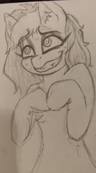 Size: 2176x3928 | Tagged: source needed, useless source url, safe, artist:owlnon, oc, oc only, oc:miss eri, semi-anthro, arm hooves, fingers together, grin, high res, nervous, nervous smile, smiling, solo, sweat, sweatdrops, traditional art, twiddling
