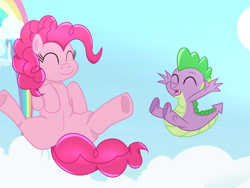 Size: 1400x1050 | Tagged: safe, artist:crystallightfury, pinkie pie, spike, dragon, earth pony, pony, g4, cloud, cloudsdale, cute, diapinkes, duo, eyes closed, female, male, mare, sky, spikabetes