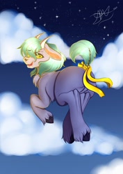 Size: 1448x2048 | Tagged: safe, artist:dannimation, oc, oc only, goat, cloud, female, green hair, smiling, tail wrap