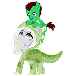 Size: 1200x1400 | Tagged: safe, artist:imposter dude, oc, oc only, oc:fossil fluster, oc:northern haste, earth pony, pegasus, pony, 2021 community collab, derpibooru community collaboration, animal costume, animal onesie, babysitting, clothes, colt, costume, dinosaur costume, kigurumi, male, onesie, ponies riding ponies, riding, simple background, transparent background