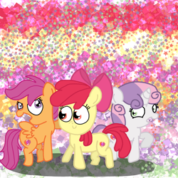 Size: 1080x1080 | Tagged: safe, artist:crossovercartoons, apple bloom, scootaloo, sweetie belle, earth pony, pegasus, pony, unicorn, g4, abstract background, artwork, cute, cutie mark crusaders, digital, digital art, drawing, glitter, happy, shadow, smiling, stars