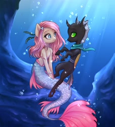 Size: 2000x2200 | Tagged: safe, artist:choipictr, oc, oc:tah'ruk, changeling, mermaid, blue eyes, bubble, green eye, high res, pink fins, pink hair, underwater